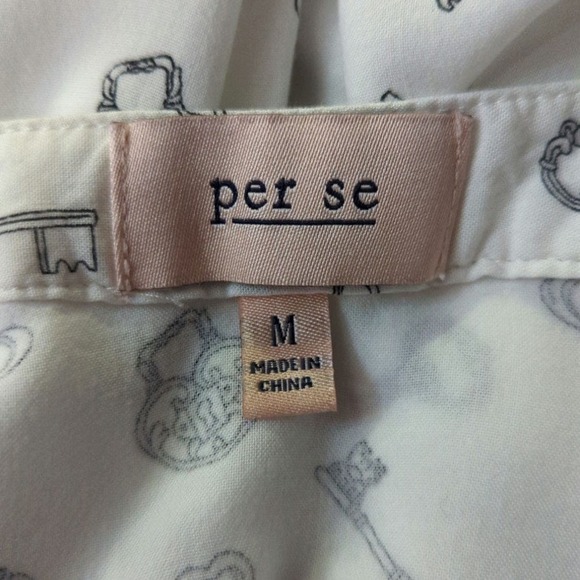 Per Se Blouse Key Print White Black Long Roll Sleeve Button Woman's‎ Size Medium - Picture 9 of 11